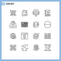 Pack of 16 creative Outlines of inbox file car creative ok Editable Vector Design Elements