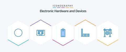 Paquete de 25 iconos azules de dispositivos que incluye el instrumento. audio. batería. señal. conexión vector