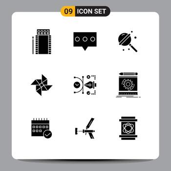 conjunto de pictogramas de 9 glifos sólidos simples de elementos de diseño vectorial editables de resorte de molino de viento de archivo de arte vector