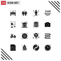 16 Universal Solid Glyphs Set for Web and Mobile Applications physics repair up hand tools wrench wheel Editable Vector Design Elements