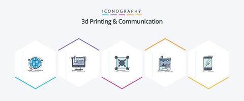 Paquete de iconos de 25 líneas completas de impresión y comunicación 3D, incluida la máquina. 3d. producción. centro. conexión vector