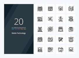 20 icono de esquema de tecnología de medios para presentación vector