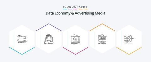 paquete de iconos de 25 líneas de economía de datos y medios publicitarios que incluye monitor. tablero. datos. colocar. publicidad vector