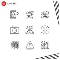 paquete de iconos de vector de stock de 9 signos y símbolos de línea para ubicación canadá campamento abierto maleta elementos de diseño de vector editables