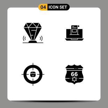 paquete de 4 signos y símbolos de glifos sólidos modernos para medios de impresión web, como sobres de diamantes, correo de comunicación de rubí, elementos de diseño de vectores editables