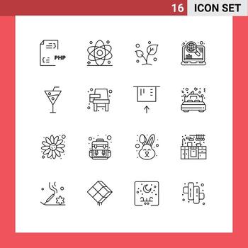 conjunto moderno de 16 contornos y símbolos, como la optimización de elementos de diseño de vectores editables de resorte de árbol de salud de Internet