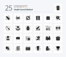 Health Care And Medical 25 Solid Glyph icon pack including medical call. call. aspirin. test tubes. health vector