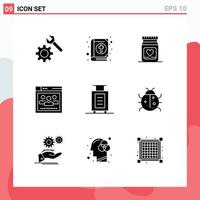 Editable Vector Line Pack of 9 Simple Solid Glyphs of suitcase bag love education network Editable Vector Design Elements