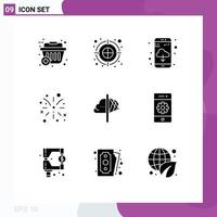 Group of 9 Solid Glyphs Signs and Symbols for insight idea app creativity fire work Editable Vector Design Elements