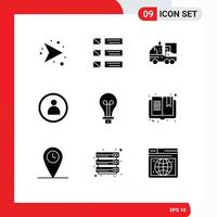 Pack of 9 creative Solid Glyphs of bulb person ui disc leaf Editable Vector Design Elements
