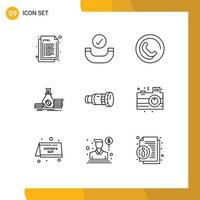 Outline Pack of 9 Universal Symbols of camcorder money contact loan bag Editable Vector Design Elements