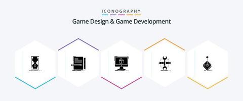 Game Design And Game Development 25 Glyph icon pack including develop. build. programming. sketch. dimensional vector