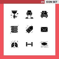 grupo de 9 signos y símbolos de glifos sólidos para elementos de diseño de vectores editables de barra de servidor de coche de seguridad favorito
