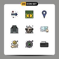 Mobile Interface Filledline Flat Color Set of 9 Pictograms of pot halloween map cook building Editable Vector Design Elements