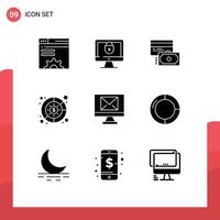 Group of 9 Solid Glyphs Signs and Symbols for email money card management diagram Editable Vector Design Elements