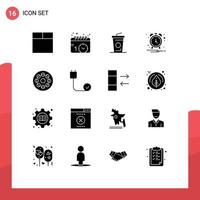 Modern Set of 16 Solid Glyphs Pictograph of connected video drink roll media Editable Vector Design Elements