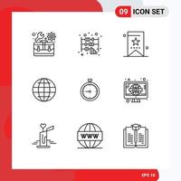 Pack of 9 creative Outlines of stopwatch internet book globe ui Editable Vector Design Elements