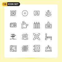 Pack of 16 creative Outlines of photo camera speaker tourist journey Editable Vector Design Elements