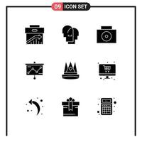 Pack of 9 creative Solid Glyphs of empire crown feelings projector presentation Editable Vector Design Elements