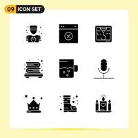 Solid Glyph Pack of 9 Universal Symbols of audio drink ui cup books Editable Vector Design Elements