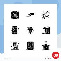 Mobile Interface Solid Glyph Set of 9 Pictograms of gas summer easter ice cream wall clock Editable Vector Design Elements