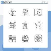 Set of 9 Modern UI Icons Symbols Signs for disposable cup keyboard media right video player Editable Vector Design Elements