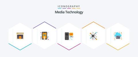 Media Technology 25 Flat icon pack including connection. network. gesture. distribute. recorder