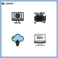 4 User Interface Filledline Flat Color Pack of modern Signs and Symbols of computer cloud big think video up Editable Vector Design Elements