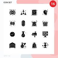 Universal Icon Symbols Group of 16 Modern Solid Glyphs of charge process team mind head Editable Vector Design Elements