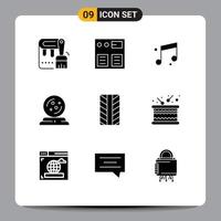 Mobile Interface Solid Glyph Set of 9 Pictograms of drum tires audio spell mage Editable Vector Design Elements