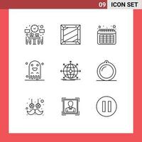 Universal Icon Symbols Group of 9 Modern Outlines of global scary programing horror ghost Editable Vector Design Elements