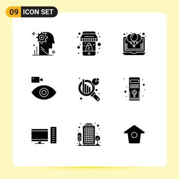 Set of 9 Vector Solid Glyphs on Grid for device camcorder mobile cam party Editable Vector Design Elements