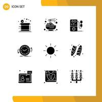 Pictogram Set of 9 Simple Solid Glyphs of sun time love counter clock Editable Vector Design Elements