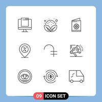 9 iconos creativos, signos y símbolos modernos de ubicación, porcentaje de relajación, oferta, tarjeta de identificación, elementos de diseño vectorial editables vector