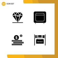 Modern Set of 4 Solid Glyphs Pictograph of diamond budget expensive gold money Editable Vector Design Elements