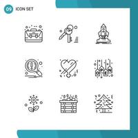 Pack of 9 creative Outlines of female notification launch magnifier mission Editable Vector Design Elements