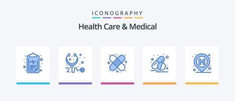 cuidado de la salud y paquete de iconos azul médico 5 que incluye pin. hospital. cuidado. pastillas cápsula. diseño de iconos creativos vector