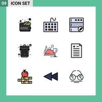 Editable Vector Line Pack of 9 Simple Filledline Flat Colors of glass dish database hotel dustbin Editable Vector Design Elements