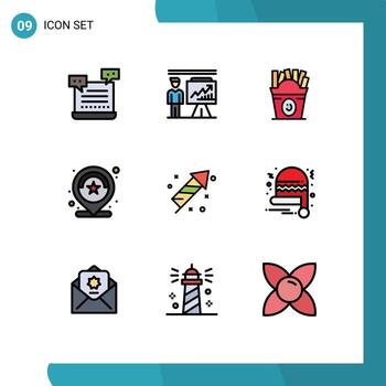 Mobile Interface Filledline Flat Color Set of 9 Pictograms of review number businessman location food Editable Vector Design Elements