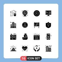 16 User Interface Solid Glyph Pack of modern Signs and Symbols of business design add lcd construction Editable Vector Design Elements