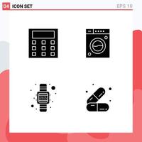 Pack of 4 creative Solid Glyphs of calculation watch clean washing care Editable Vector Design Elements