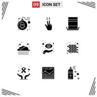 Group of 9 Modern Solid Glyphs Set for view focus hat eye rain Editable Vector Design Elements