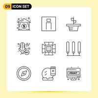 Universal Icon Symbols Group of 9 Modern Outlines of light recording growth professional mic Editable Vector Design Elements