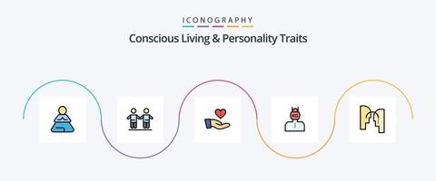 Concious Living And Personality Traits Line Filled Flat 5 Icon Pack Including weight. problem. charity. life. love vector