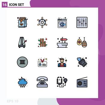 Pack of 16 Modern Flat Color Filled Lines Signs and Symbols for Web Print Media such as metronome audio playing music devices Editable Creative Vector Design Elements