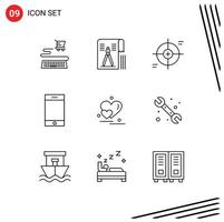 Set of 9 Modern UI Icons Symbols Signs for love smartphone crosshair iphone target Editable Vector Design Elements