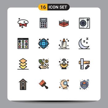 conjunto moderno de 16 líneas y símbolos rellenos de colores planos, como elementos de diseño de vectores creativos editables de música de comunicación de anillo de interfaz de usuario