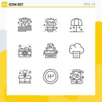 Pack of 9 Modern Outlines Signs and Symbols for Web Print Media such as typewriter picture insurance photography sunshade Editable Vector Design Elements