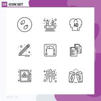 Group of 9 Outlines Signs and Symbols for document weighing knowledge scale school supplies Editable Vector Design Elements