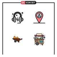 4 User Interface Filledline Flat Color Pack of modern Signs and Symbols of headphone garden location wheelbarrow tools Editable Vector Design Elements